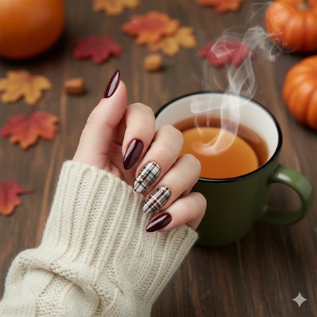 Chic Fall Almond Nails 7 Autumn Plaid with Solid Accent