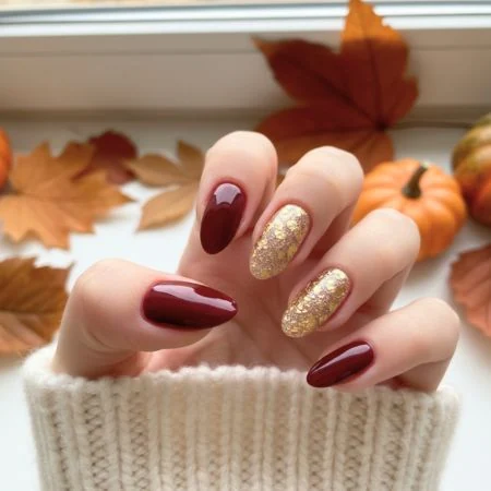 Chic Fall Almond Nails 2 Classic Burgundy & Gold Accent for fall almond nails