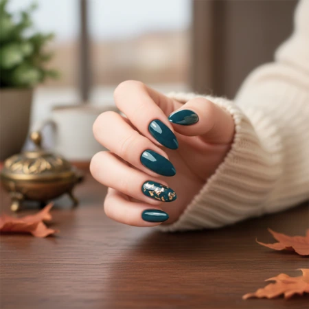Chic Fall Almond Nails 6 Dark Teal with Gold Flakes