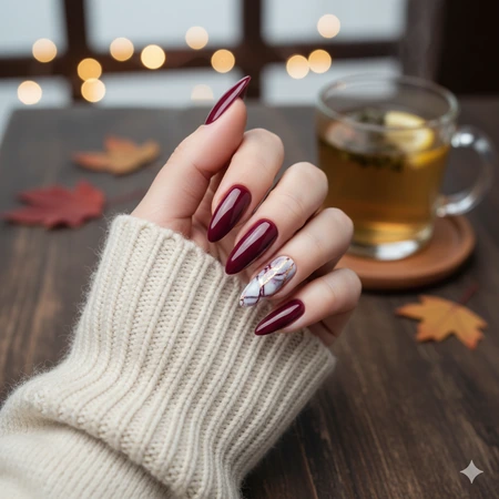 Chic Fall Almond Nails 8 Deep Berry Marble Accent 1