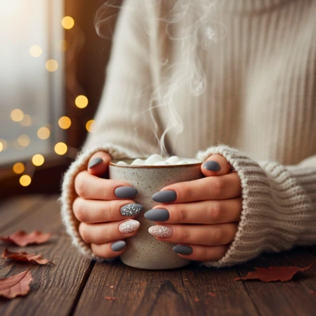 Chic Fall Almond Nails 11 10. Frosted Grey with Snowflake Accents