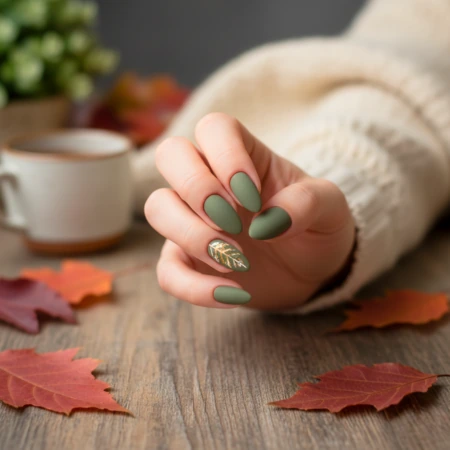 Chic Fall Almond Nails 4 Matte Olive Green with Subtle Leaf Detail