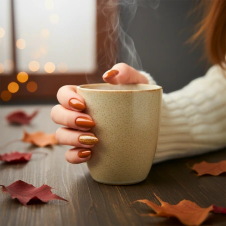 Chic Fall Almond Nails 9 Warm Caramel & Glimmering Gold Stripes