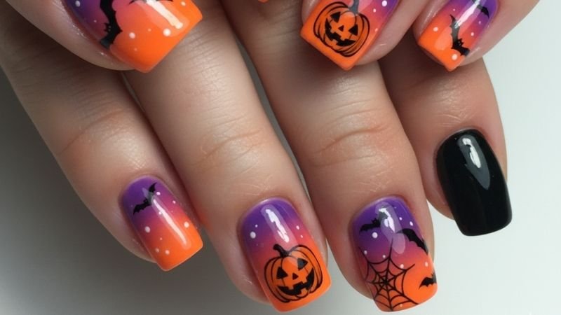 Halloween Nails Simple 7 Sunset Bat & Pumpkin Nails for Halloween!